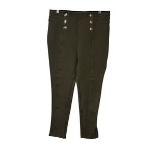 ZARA Womens Olive Green Sailor High Waist Button‎ Leggings Size L Gold Hardware